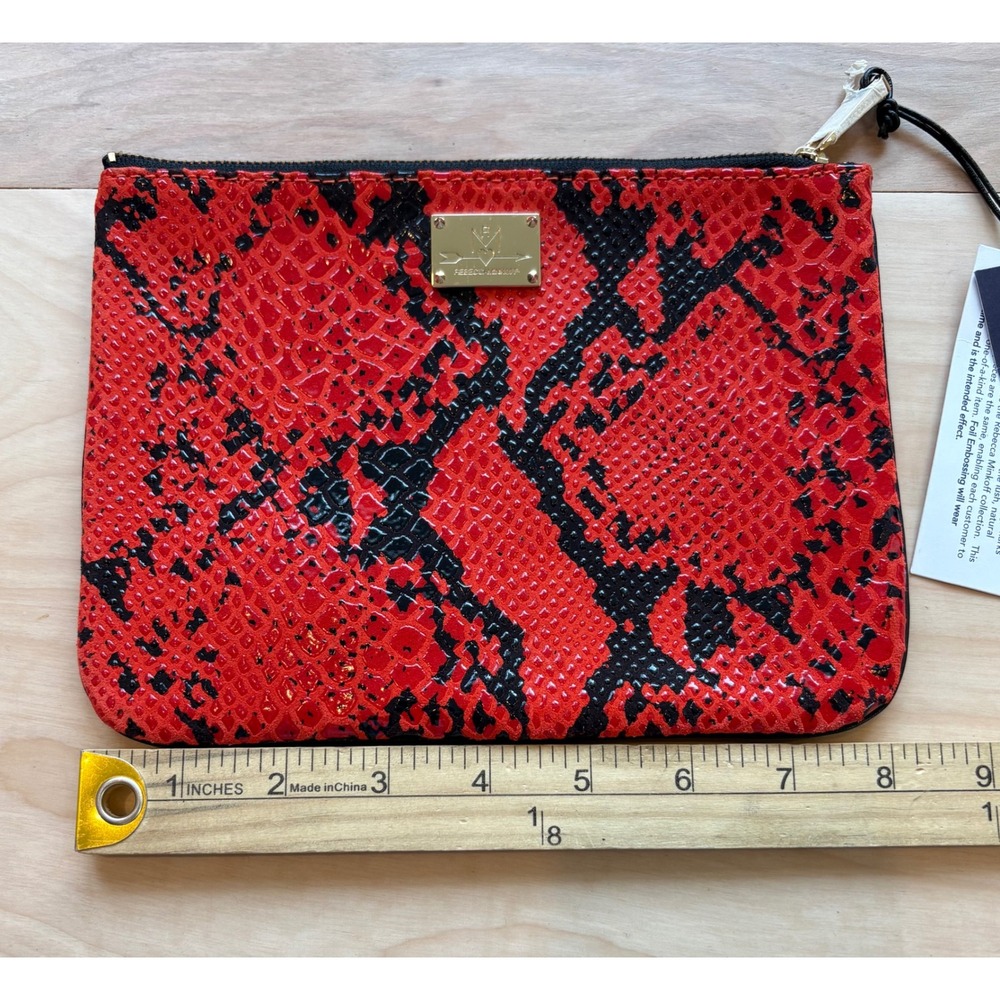 Rebecca Minkoff Erin Clutch Red Black Fluoro Snake Leather Zipper Pouch NEW - Picture 2 of 7